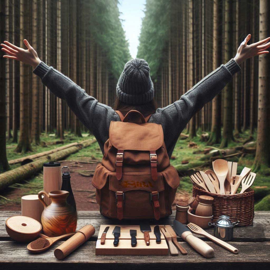 A girl in forest and some kitchen and home wooden items