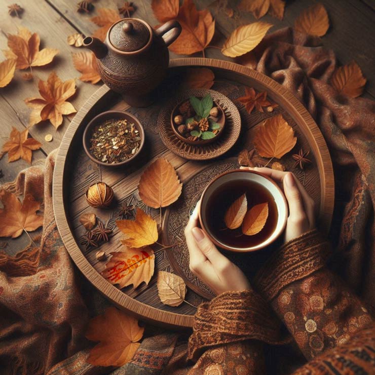 cup of tea in wooden tray in Autumn