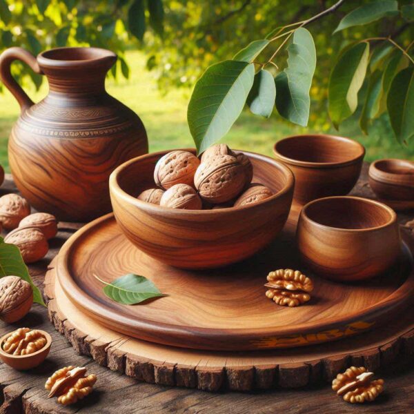 wooden dishes wit walnut wood with walnut